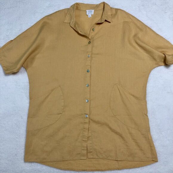 Sigrid Olsen Tunic Top Women M Yellow 100% Linen Button Tie Sleeve Pockets Boho - Picture 3 of 11
